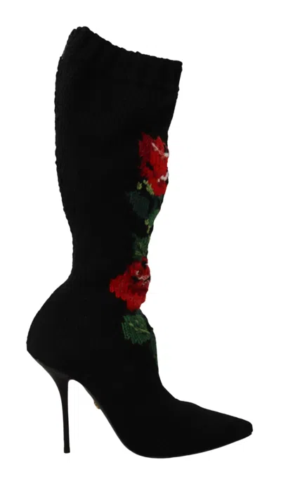 Dolce & Gabbana Stretch Knit Roses Stiletto Knee High Boots In Black