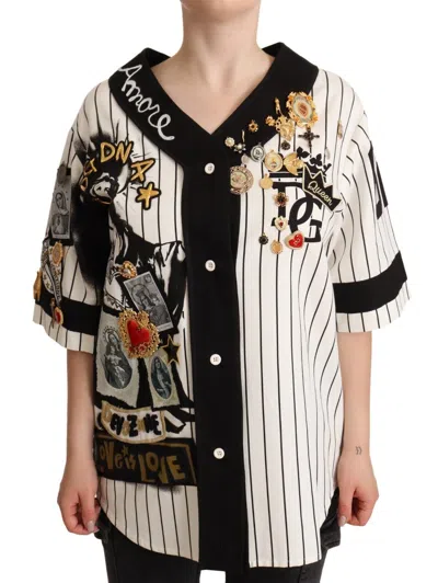 DOLCE & GABBANA ELEGANT STRIPED V-NECK BLOUSE WITH CHARMS