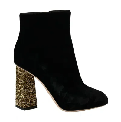 Dolce & Gabbana Velvet Ankle Boots Crystal Embellished Heels In Black