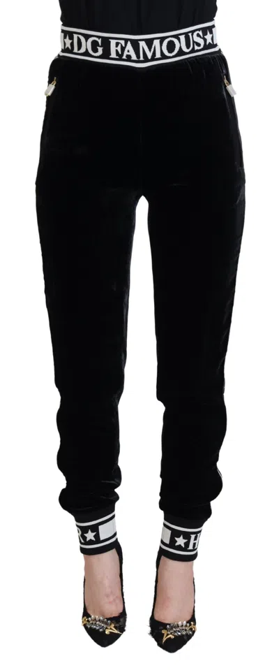 Dolce & Gabbana Logo-embellished Velvet Trousers In Black