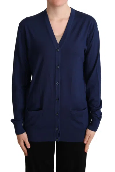 Dolce & Gabbana Button Cardigan Virgin Wool V Neck Sweater In Blue