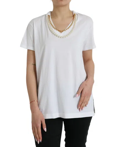 Dolce & Gabbana Elegant White Cotton Tee With Necklace Detail
