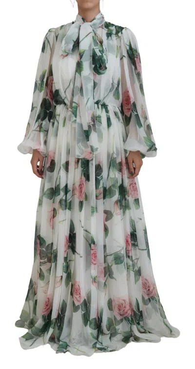 Dolce & Gabbana Elegant White Silk Maxi Dress With Rose Print | ModeSens