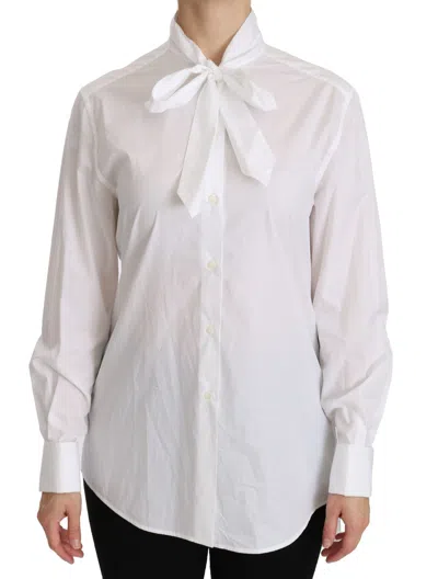Dolce & Gabbana White Cotton Bow Tie Long Sleeves Blouse Top