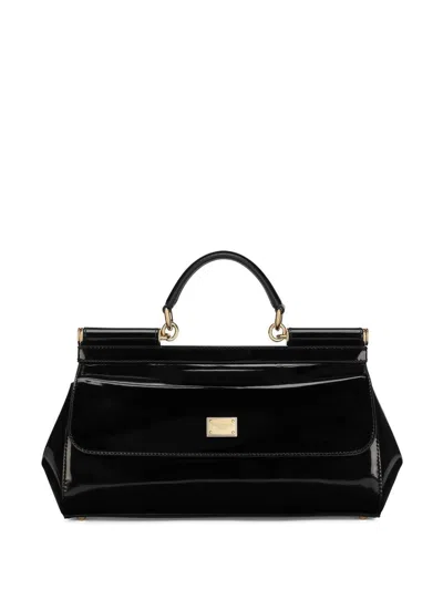 Dolce & Gabbana Elongated Sicily Patent Leather Top-handle Bag In Black