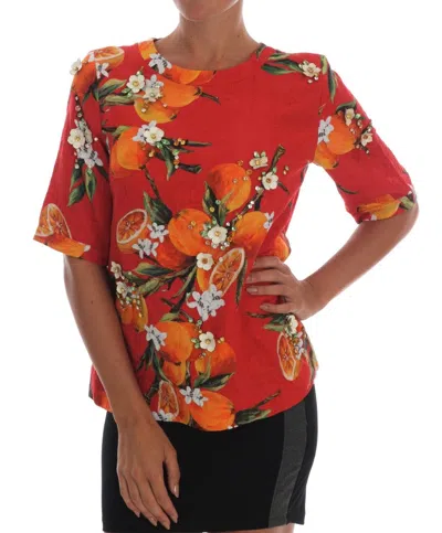 Dolce & Gabbana Embellished Crepe Blouse With Blossom Print In Multicolor