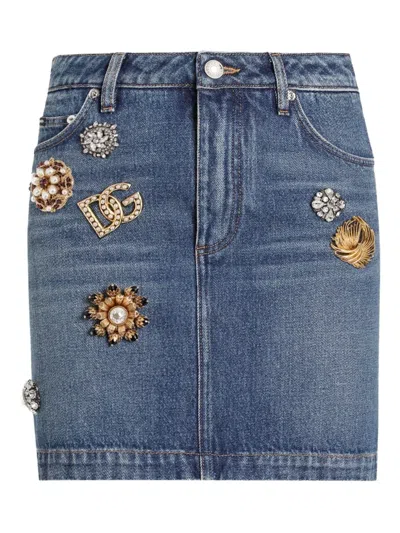 Dolce & Gabbana Embellished Denim Mini Skirt In Blue