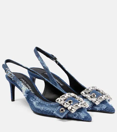 Dolce & Gabbana Embellished Denim Slingback Pumps In Cobalto Scuro