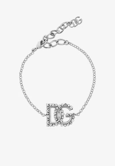 Dolce & Gabbana Embellished Dg Logo Bracelet In Silver