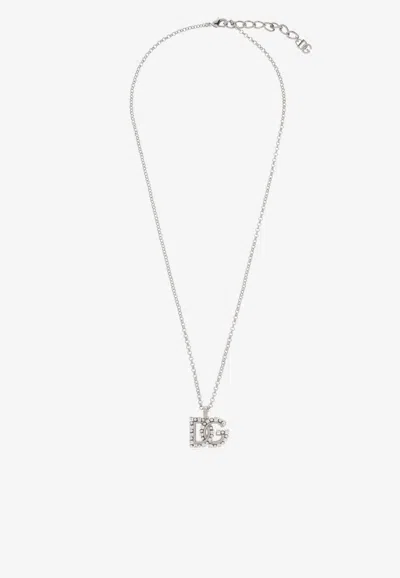 Dolce & Gabbana Embellished Dg Logo Pendant Necklace In Silver