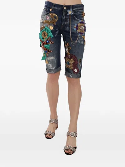 Dolce & Gabbana Hand-embellished Crystal Denim Short Trousers In Blue