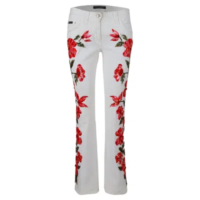 Pre-owned Dolce & Gabbana Embellished Floral Pants In Gray