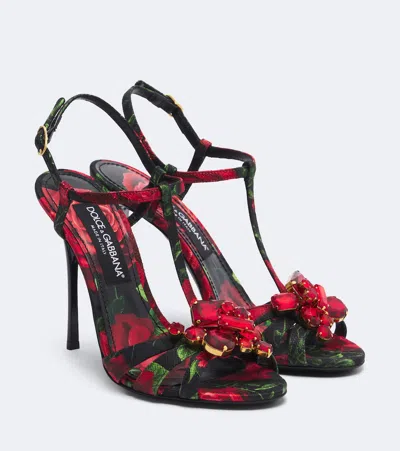 Dolce & Gabbana 105mm Embellished Rose-printed Satin Sandals In Animal Print