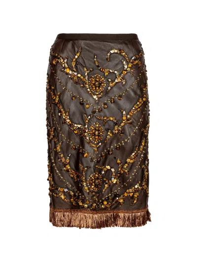 Pre-owned Dolce & Gabbana Embellished Fringe-trim Skirt In Brown