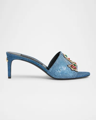Dolce & Gabbana Embellished Half Cross Denim Slide Sandals In Blue