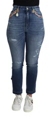 Dolce & Gabbana Blue Crystal Embellished Slim Fit Pants Jeans In Blue