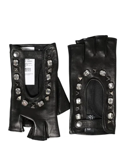 Dolce & Gabbana Embellished Lamb Leather Gloves In Black
