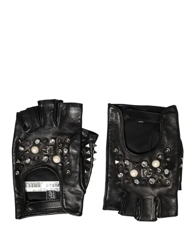Dolce & Gabbana Embellished Leather Fingerless Gloves In Black