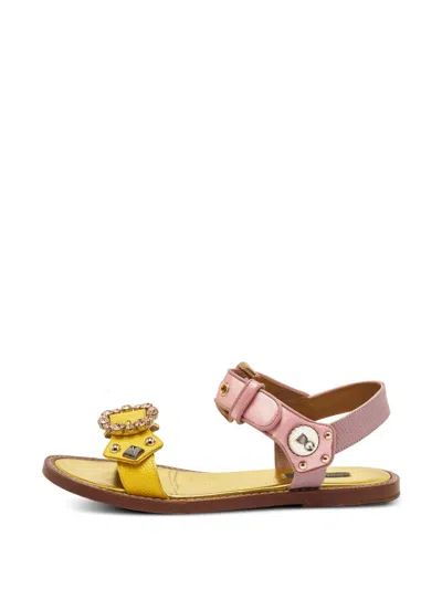 Pre-owned Dolce & Gabbana Embellished Lizard-effect Sandals In Yellow