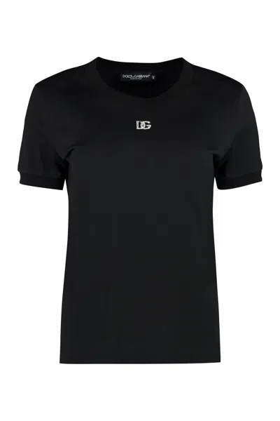 Dolce & Gabbana Embellished Cotton Jersey T-shirt In Black
