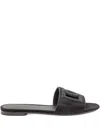 Dolce & Gabbana Black Goat Leather Slides With Signature Dg Logo In Black