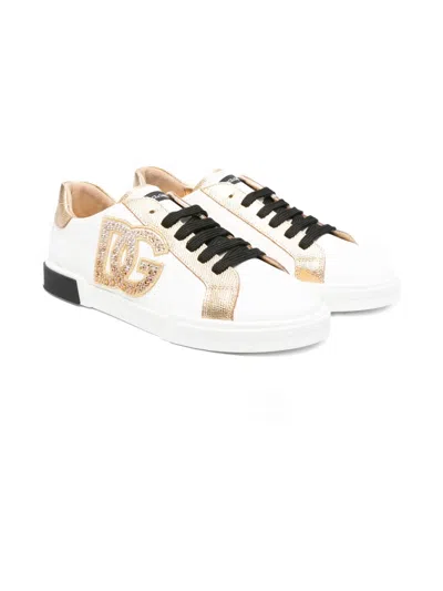 Dolce & Gabbana Kids' Embellished Logo Sneakers In White
