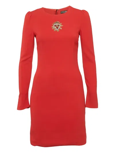 Pre-owned Dolce & Gabbana Embellished Long-sleeve Mini Dress In Red