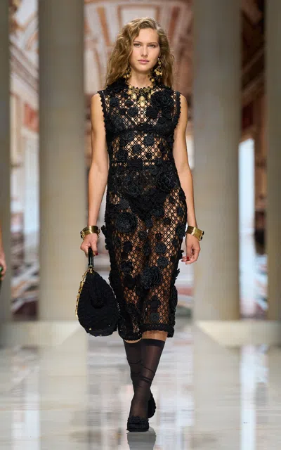Dolce & Gabbana Embellished Macramé Midi Dress In Black