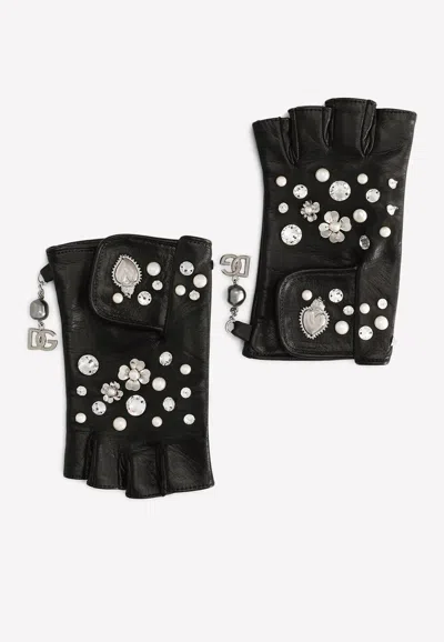 Dolce & Gabbana Embellished Nappa Leather Gloves In Black