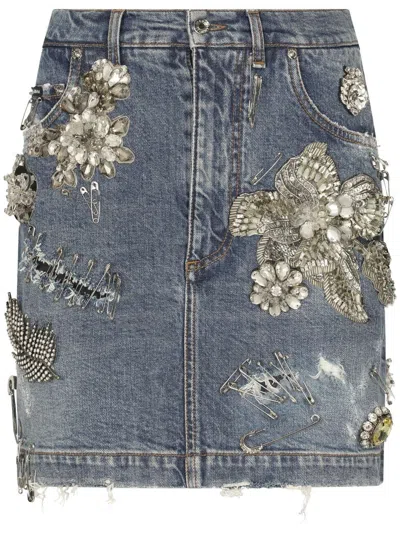 Dolce & Gabbana Floral Sequin-embellished Denim Skirt In Multicolor