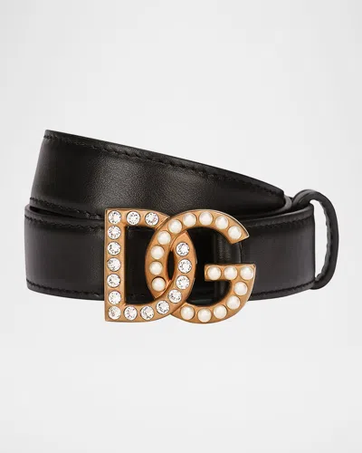 Dolce & Gabbana Embellished Pearly Interlocking Dg Leather Belt In Black