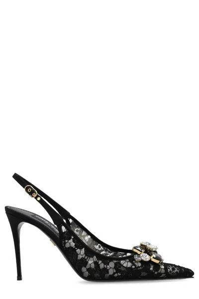 Dolce & Gabbana Embellished Pointed Toe Heeled Slingbacks In Black