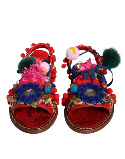 Dolce & Gabbana Embellished Pom-fur Wrap Sandal In Multicolor