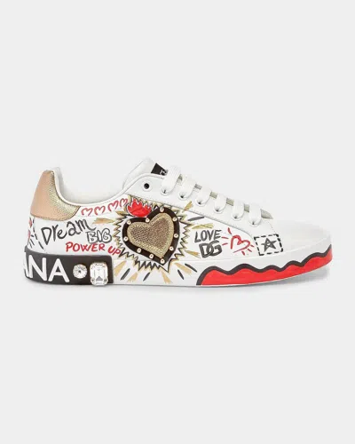 Dolce & Gabbana Embellished Printed Leather Low-top Sneakers In Bianco Oro Antico