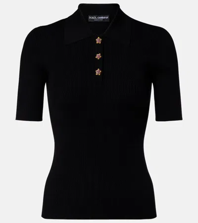 Dolce & Gabbana Embellished Ribbed-knit Polo Shirt In Black