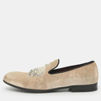 Pre-owned Dolce & Gabbana Embellished Size 37 Beige Velvet Smoking Slippers