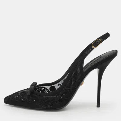 Pre-owned Dolce & Gabbana Embellished Size 40.5 Black Mesh Slingback Pumps