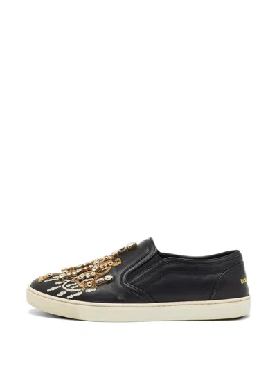 Pre-owned Dolce & Gabbana Embellished Slip-on Sneakers In Black