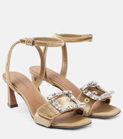 Dolce & Gabbana Embellished Velvet Sandals In Olio/sabbia