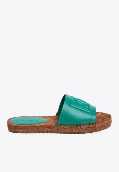 Dolce & Gabbana Embossed Dg Logo Flat Sandals In Green