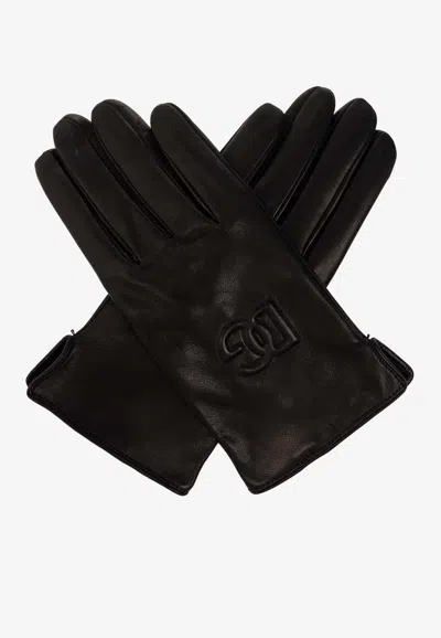 Dolce & Gabbana Embossed Dg Logo Leather Gloves In Black