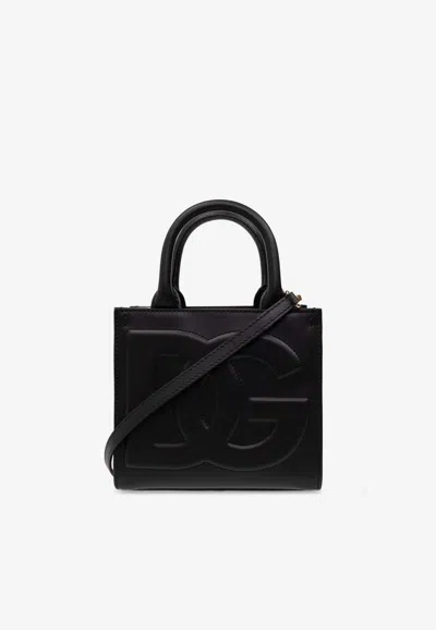 Dolce & Gabbana Embossed Dg Logo Leather Shoulder Bag In Black