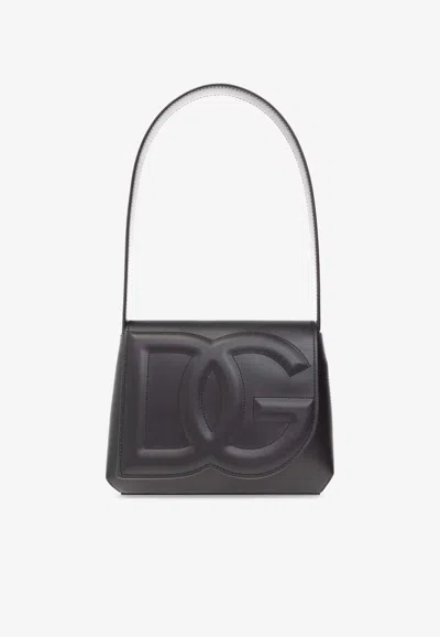 Dolce & Gabbana Embossed Dg Logo Leather Shoulder Bag In Black