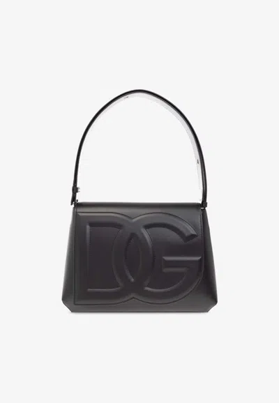 Dolce & Gabbana Embossed Dg Logo Leather Shoulder Bag In Black
