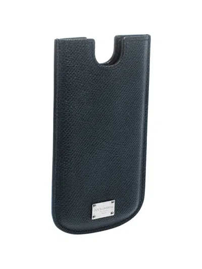Pre-owned Dolce & Gabbana Embossed Leather Phone Cover In Blue