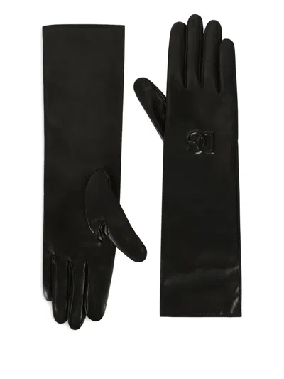 Dolce & Gabbana Embossed-logo Leather Gloves In Black