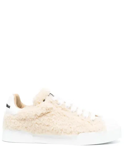 Dolce & Gabbana Portofino Sneaker In Faux Fur In Caffe Bianco