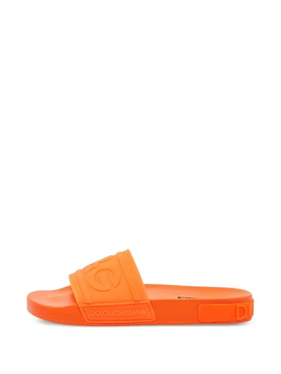 Pre-owned Dolce & Gabbana Embossed Logo Slides In Orange