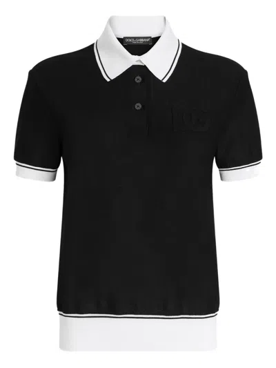 Dolce & Gabbana Embrodiered-logo Polo Top In Black