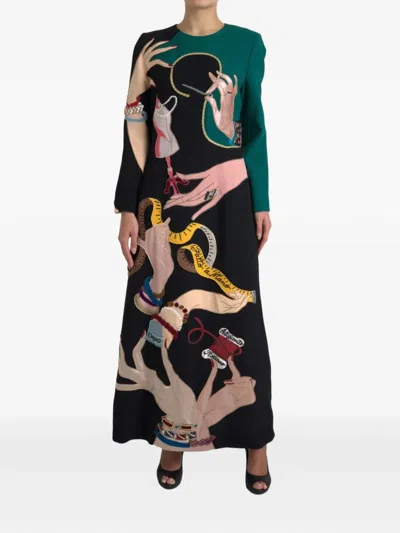 Dolce & Gabbana Long Sleeve A Line Graphic Maxi Dress In Black